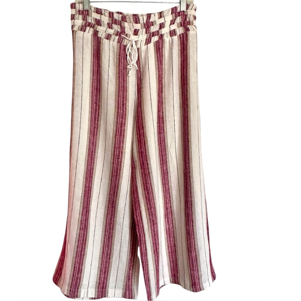 Indigo Rein Size L Red-Tan-Cream Linen Blend Cropped High Waist Wide Leg Pants - Picture 2 of 4